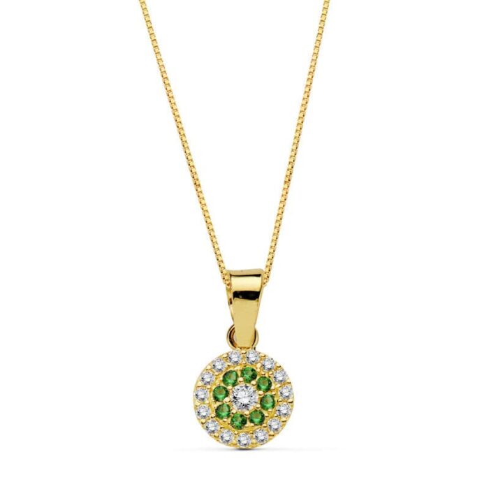 18K GARGANTILLA COLLAR ORO AMARILLO REDONDO PIEDRA VERDE 7 MM CADENA 45CM