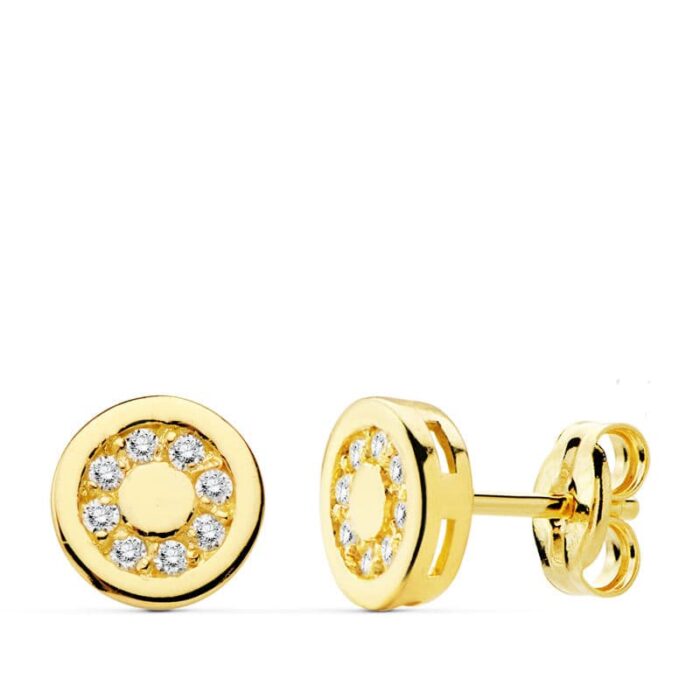 18K PENDIENTES ORO AMARILLO REDONDOS CIRCONITA 7 MM CIERRE PRESION