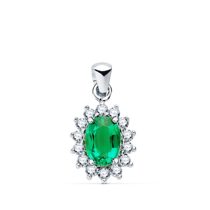 18K COLGANTE ORO BLANCO ESMERALDA RECRIZTALIZADA 8X6 MM 1,10 QT. 14 DIAMANTES LABORATORIO 0,42 QTS VS2-G. 12,5 X 11 MM