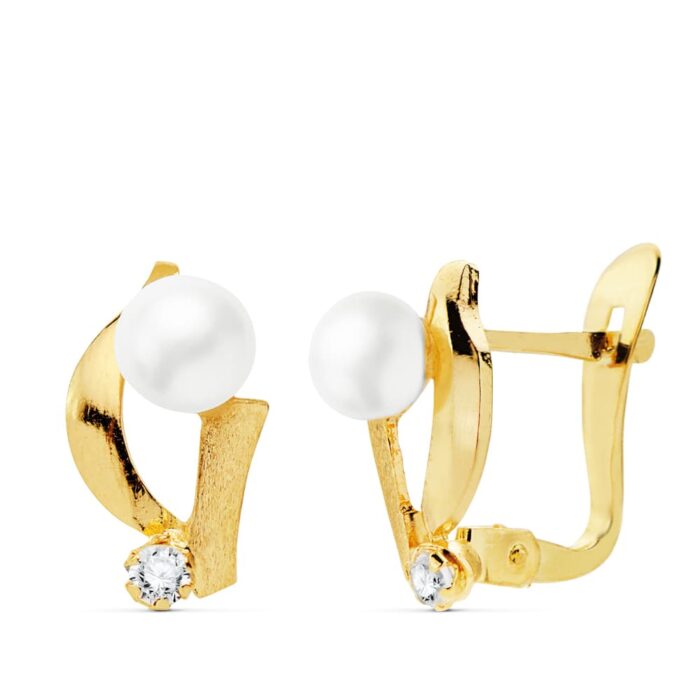 18K PENDIENTES ORO AMARILLO OCIRCONITA 11X7 MM PERLAS 4 MM CIERRE CATALAN