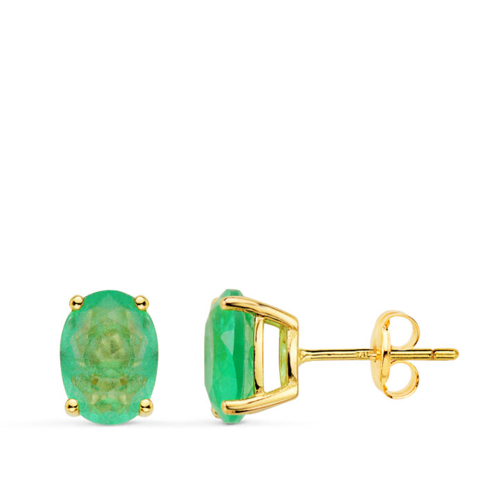 18K PEDIENTES ORO AMARILLO GARRAS PIEDRA CUARZO VERDE 8 X 6 MM CIERRE PRESION