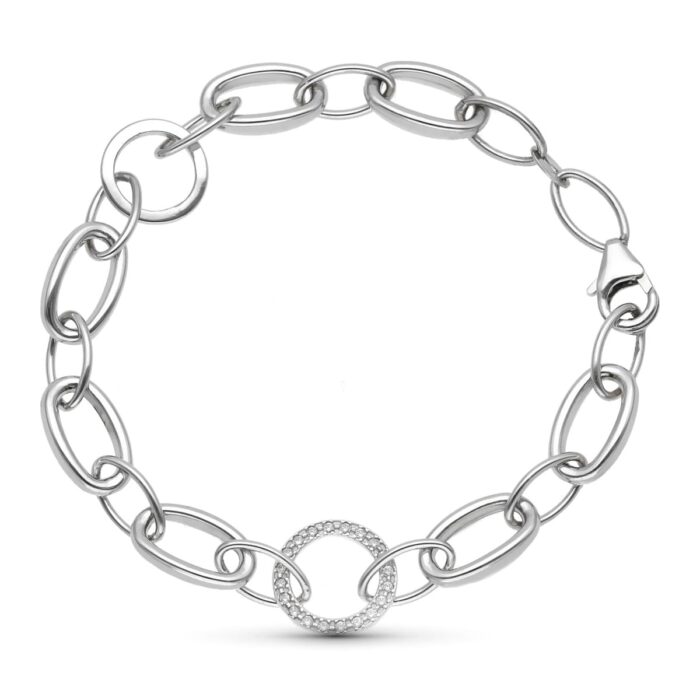 18K PULSERA ORO BLANCO ESLABON OVAL Y CIRCULAR CON CIRCONITA 18.5 CM