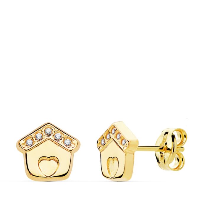 18K PENDIENTES ORO AMARILLO CASITA CIRCONITA 7X7 MM CIERRE PRESION