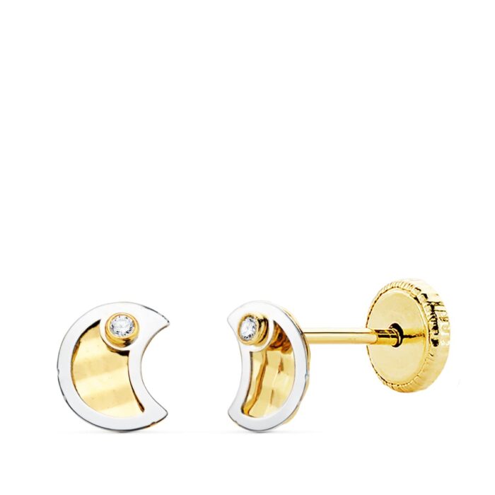 18K PENDIENTES LUNA ORO BICOLOR CIRCONITA 5.5X4.5 MM CIERRE TUERCA