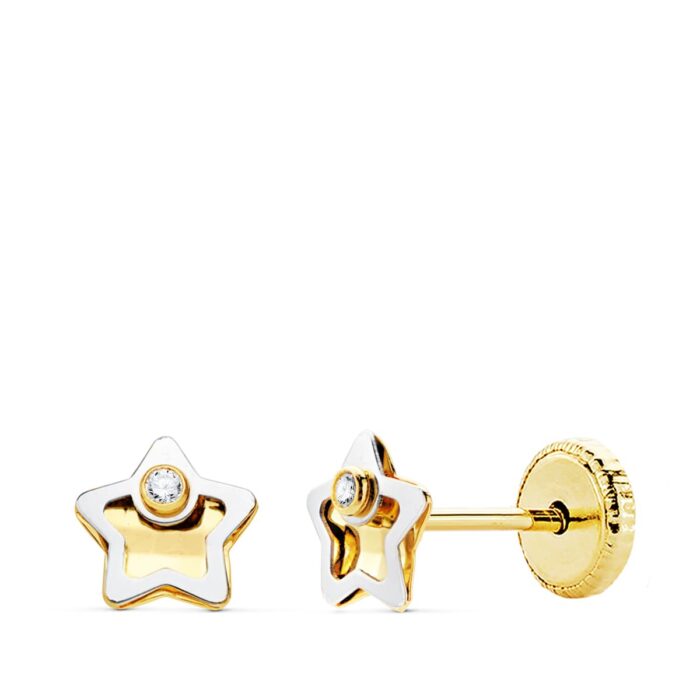 18K PENDIENTES ORO BICOLOR ESTRELLA CIRCONITA 5X5 MM CIERRE TUERCA