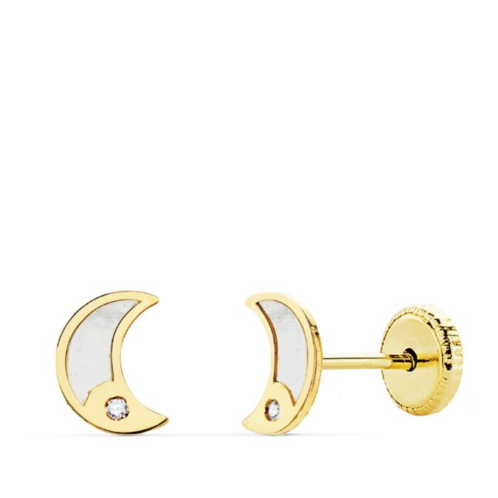 18K PENDIENTES ORO AMARILLO LUNA NACAR Y CIRCONITA 6.5X5 MM CIERRE TUERCA