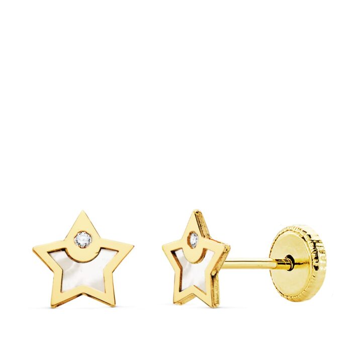 18K PENDIENTES ORO AMARILLO ESTRELLA NACAR Y CIRCONITA 6X6 MM CIERRE TUERCA