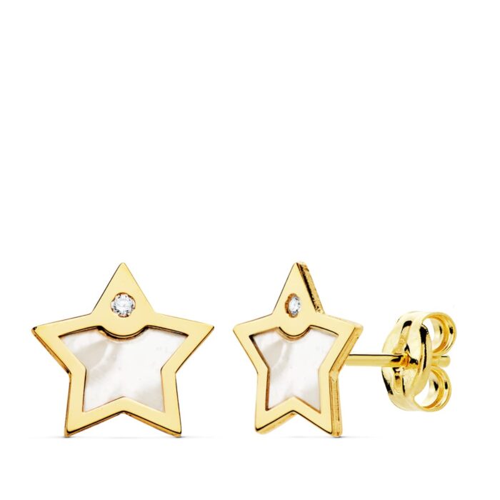 18K PENDIENTES ORO AMARILLO ESTRELLA NACAR Y CIRCONITA 8X8 MM CIERRE PRESION