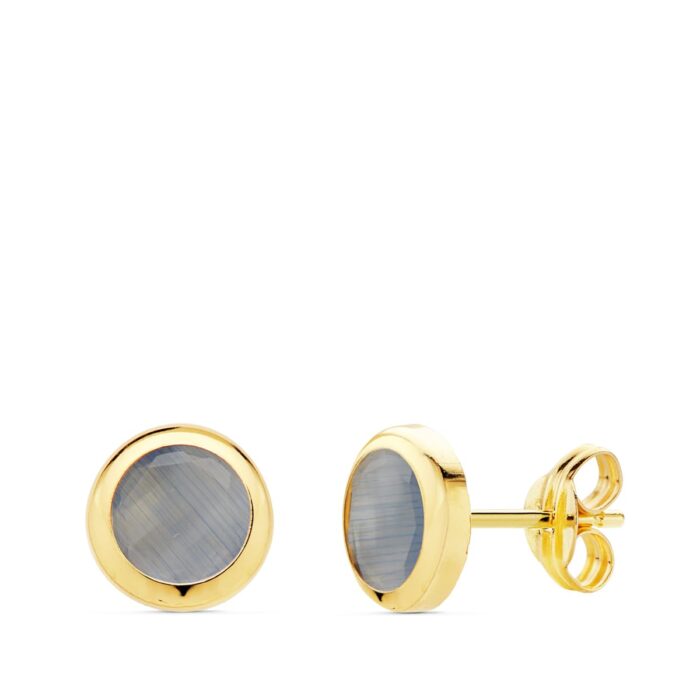 18K PENDIENTES ORO AMARILLO CHATON PIEDRA AZUL. 6.5 MM CIERRE PRESION
