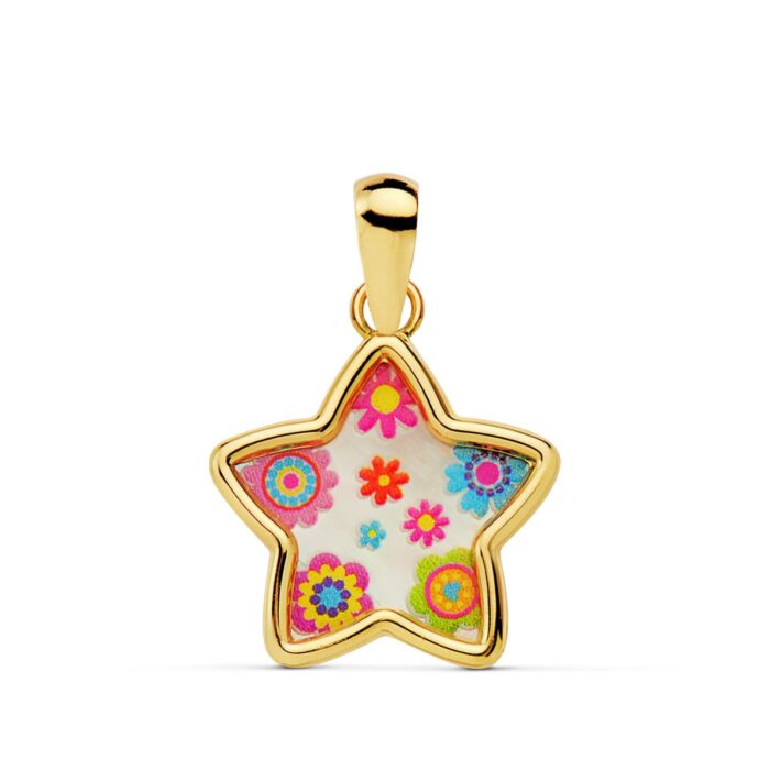 18K COLGANTE ORO AMARILLO ESTRELLA NACAR COLORES. 13X13 MM