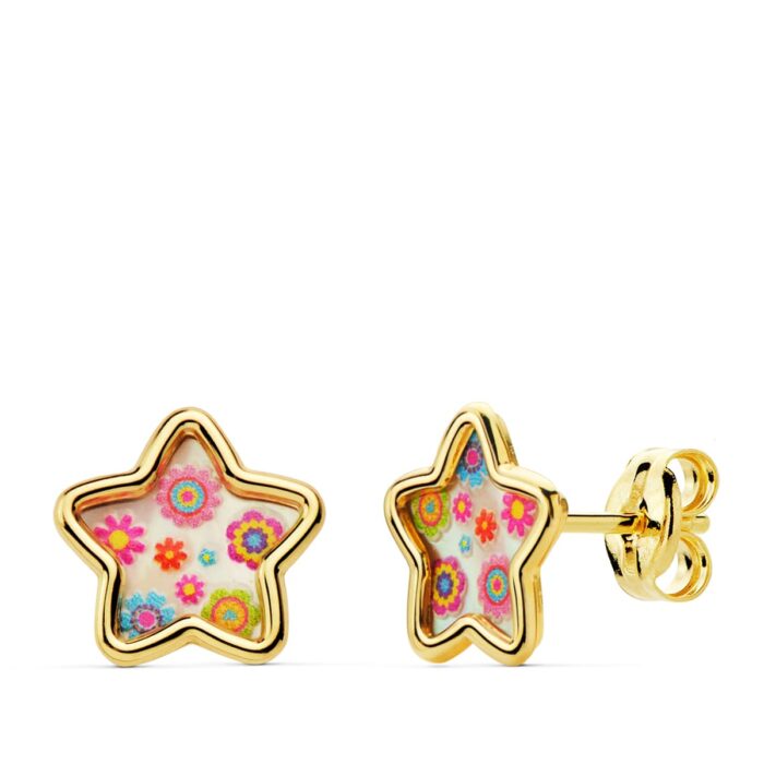 18K PENDIENTES ORO AMARILLO ESTRELLA NACAR COLORES. 8X8 MM CIERRE PRESION