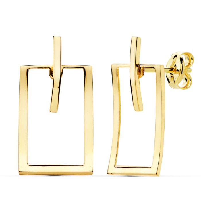 18K PENDIENTES ORO AMARILLO RECTANGULO Y BARRA 20X11 MM CIERRE PRESION