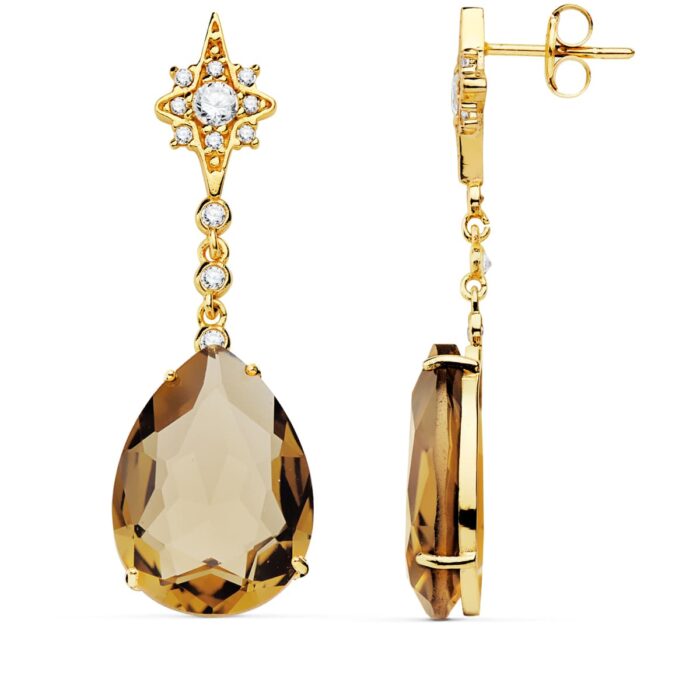 18K PENDIENTES ORO AMARILLO PIEDRA PERA COLOR FUME. 41X13 MM CIERRE PRESION