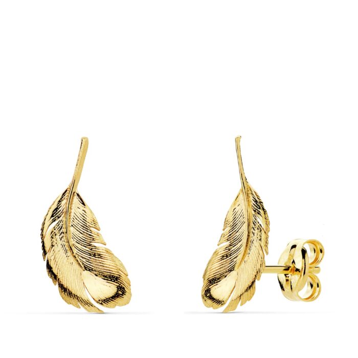 18K PENDIENTES ORO AMARILLO PLUMAS 16X7 MM CIERRE PRESION