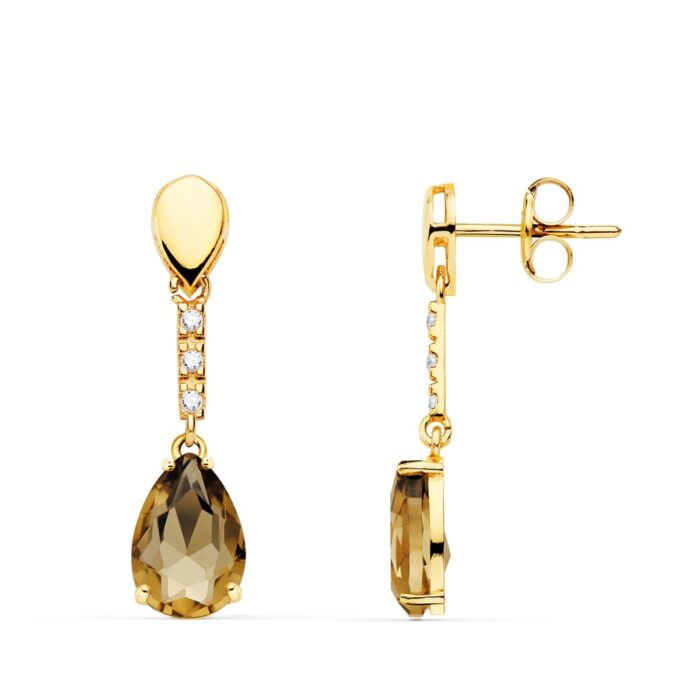18K PENDIENTES ORO AMARILLO PIEDRA GOTA COLOR FUME. 28X7 MM CIERRE PRESION