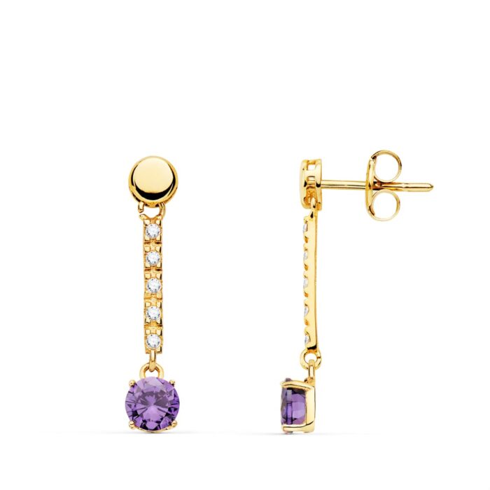 18K PENDIENTES ORO AMARILLO PIEDRA REDONDA COLOR AMATISTA 25X5 MM CIERRE PRESION
