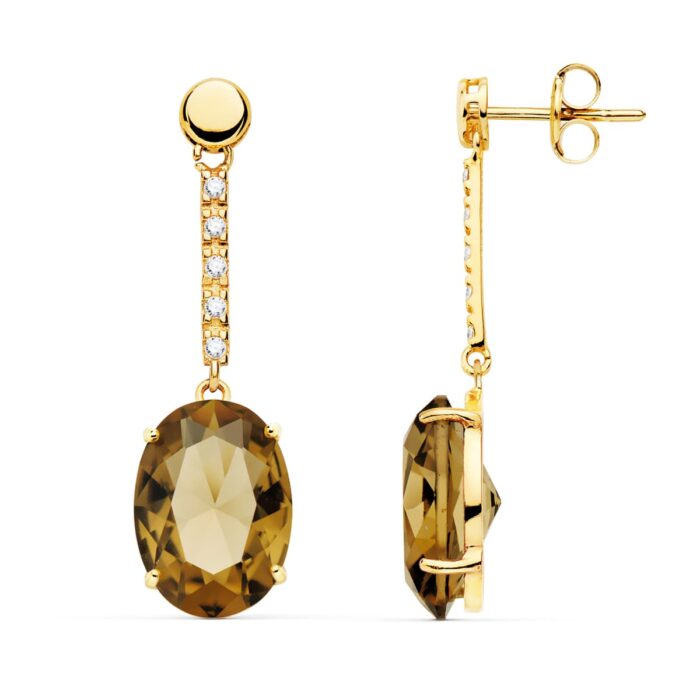 18K PENDIENTES ORO AMARILLO PIEDRA OVAL COLOR FUME. 35X10 MM CIERRE PRESION