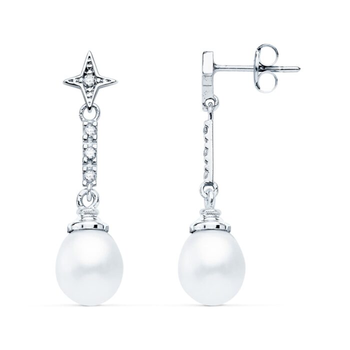 18K PENDIENTES ORO BLANCO PERLA Y CIRCONITA 28X8 MM CIERRE PRESION