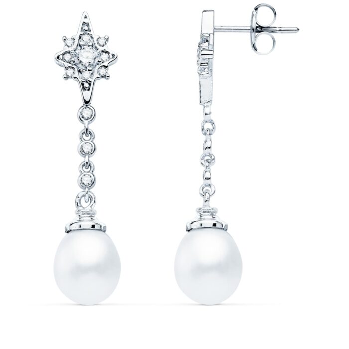 18K PENDIENTES LARGOS ORO BLANCO PERLA Y CIRCONITA 37X7 MM CIERRE PRESION