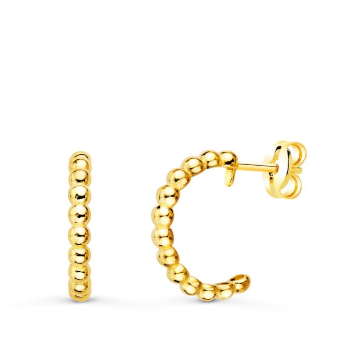 18K AROS ORO AMARILLO ABIERTOS BOLAS LISAS 14 MM ANCHO 2 MM CIERRE PRESION
