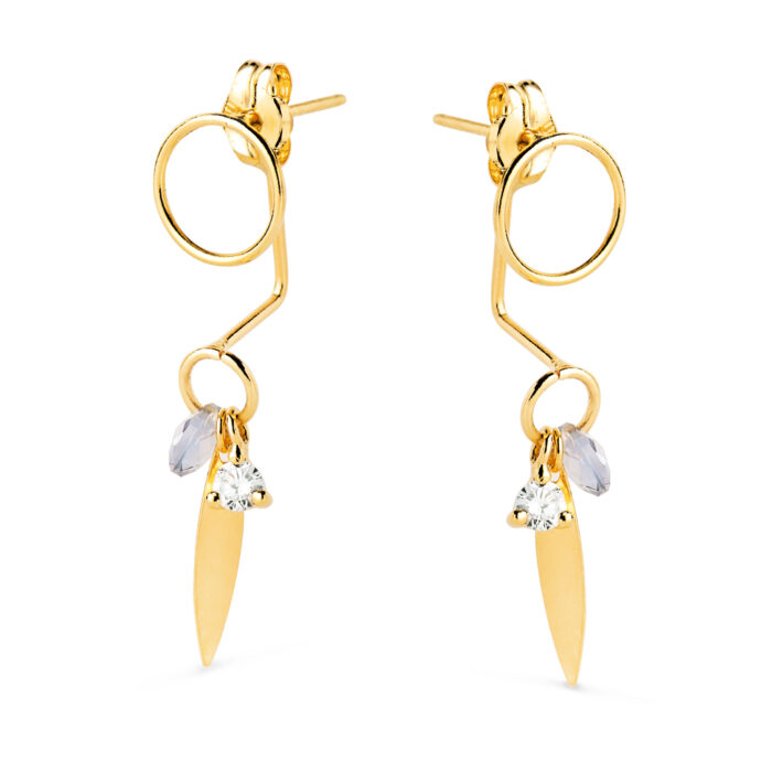 18K PENDIENTES ORO AMARILLO EAR JACKETCON CIRCULO, HOJA Y PIEDRA AZUL 27X7 MM. CIERRE PRESION