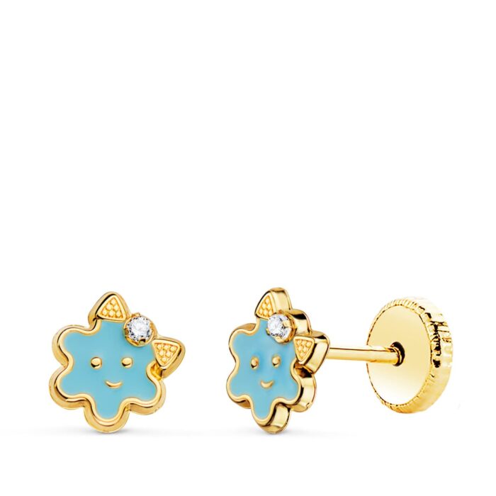 18K PENDIENTES ORO AMARILLO FLOR ESMALTE AZUL CIERRE TUERCA 6,5 X 6,5 MM