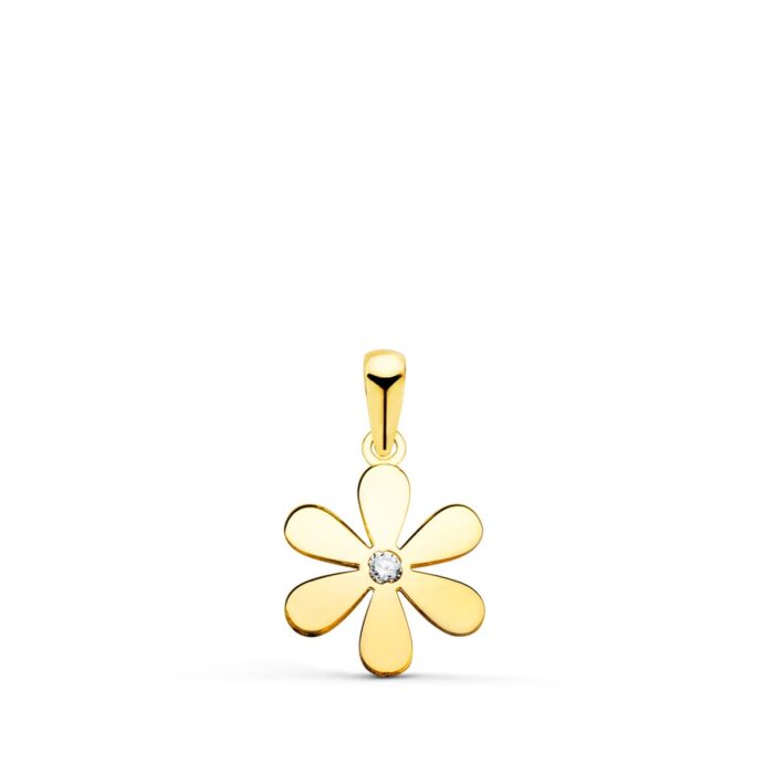 18K COLGANTE ORO AMARILLO FLOR 6 PETALOS EN BRILLO CON CIRCONITA 14X11 MM