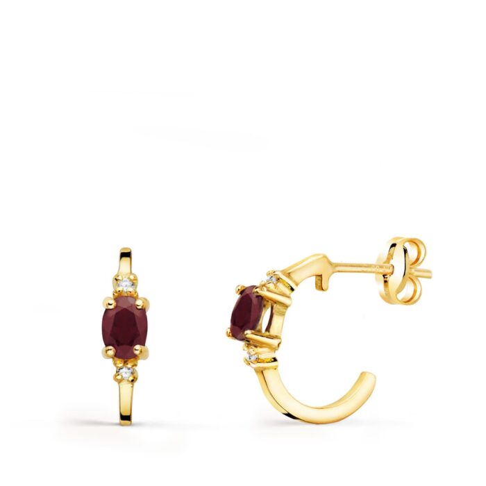 18K PENDIENTES ORO AMARILLO MEDIO ARO LISO CON RUBI 12X3 MM CIERRE PRESION.