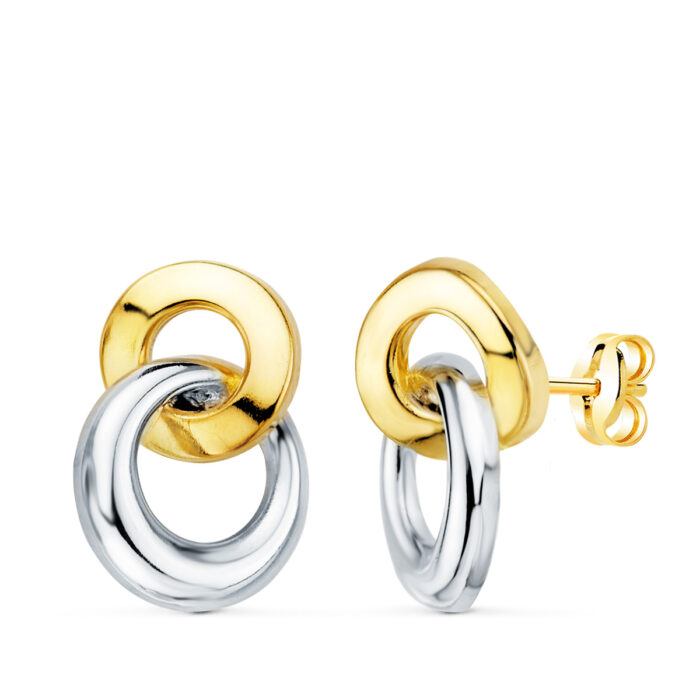 18K PENDIENTES ORO BICOLOR DOBLE ARO BRILLO 13 X 10 MM. CIERRE PRESION