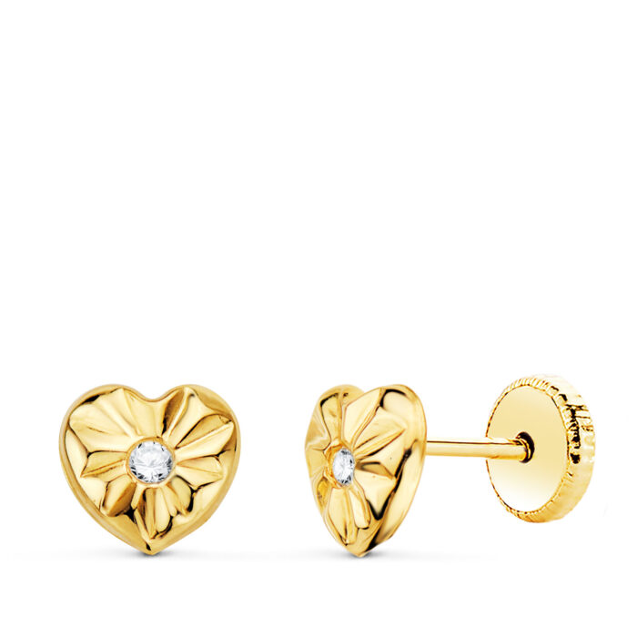 18K PENDIENTES ORO AMARILLO CORAZON CON CIRCONITA 6,5 X 6 MM CIERRE TUERCA