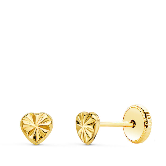18K PENDIENTES ORO AMARILLO CORAZON 4 X 4 MM CIERRE TUERCA