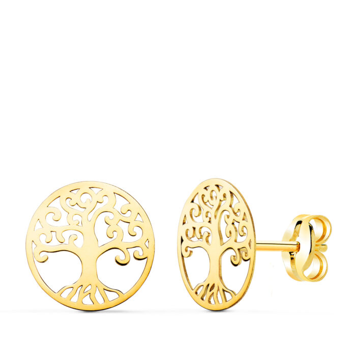 18K PENDIENTES ORO AMARILLO ARBOL DE LA VIDA EN BRILLO CALADOS 10 MM. CIERRE PRESION