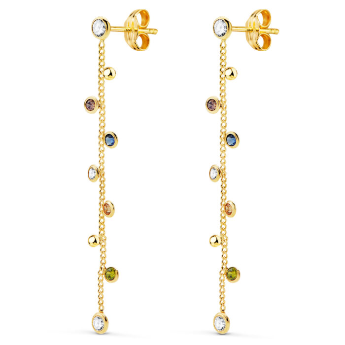 18K PENDIENTES ORO AMARILLO LARGOS CON CADENA Y CIRCONITA COLORES 45 MM. CIERRE PRESION