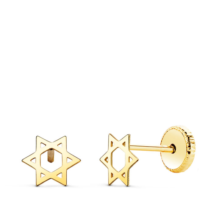 18K PENDIENTES ORO AMARILLO ESTRELLA DAVID LISA. 6 X 5,5 MM CIERRE TUERCA