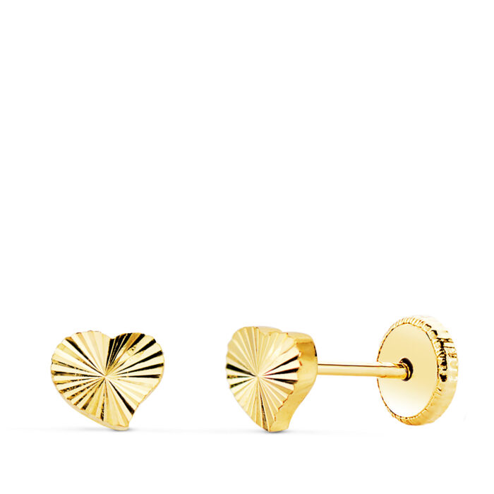18K PENDIENTES ORO AMARILLO CORAZON TALLADO. 5 X 4 MM CIERRE TUERCA