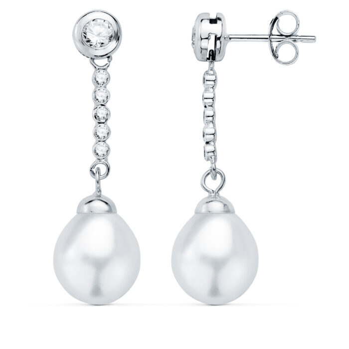 18K PENDIENTES ORO BLANCO PERLA Y CHATON CON CIRCONITA 30X8MM PRESION