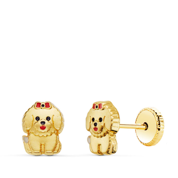 18K PENDIENTES ORO AMARILLO PERRO MATIZADO DETALLES ESMALTADOS CIERRE TUERCA 6 X 5 MM