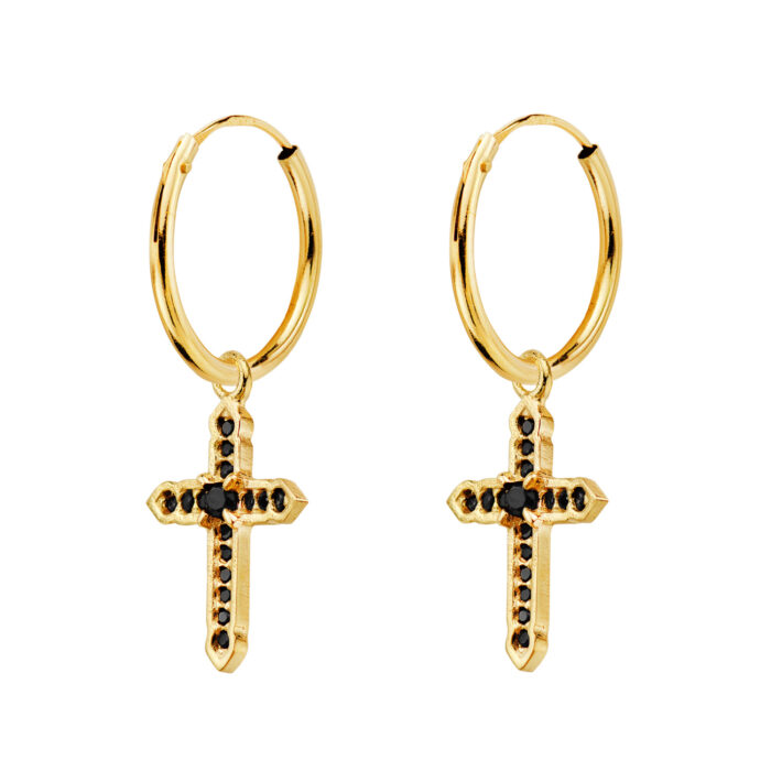 18K AROS ORO AMARILLO TUBO CON COLGANTE CRUZ CIRCONITA NEGRAS 17X12 MM ARO 14X1 MM