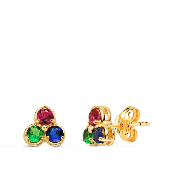 18K PENDIENTES ORO AMARILLO TREBOL PIEDRAS COLORES 7 X 6,5 MM CIERRE PRESION