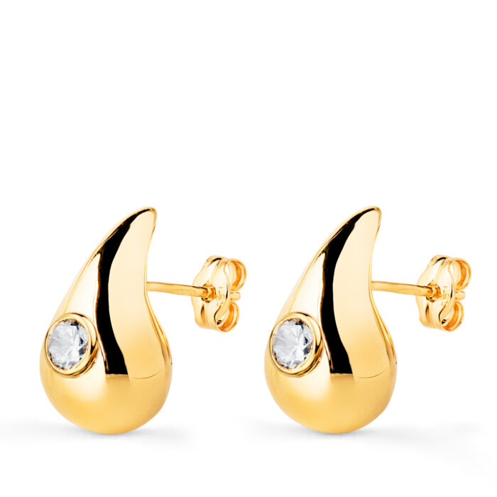 18K PENDIENTES ORO AMARILLO GOTA CON CIRCONITA BRILLO HUECA 16 X 9 MM. CIERRE PRESION