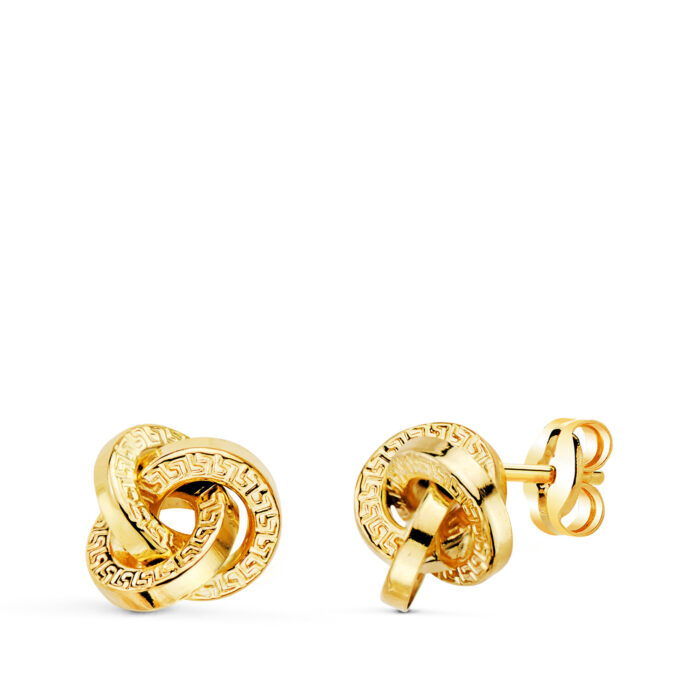 18K PENDIENTES ORO AMARILLO TRES AROS CON GRECA 8 X 8 MM. CIERRE PRESION