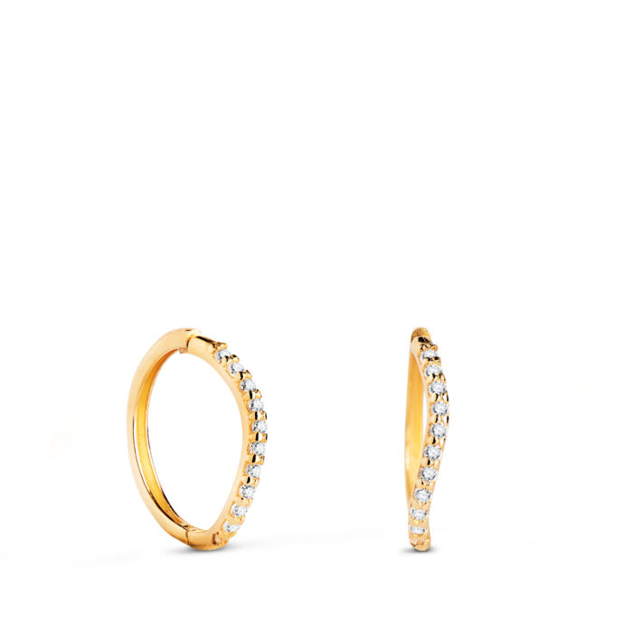 18K AROS ORO AMARILLO ONDA CON CIRCONITAS. MEDIDA: 12 X 1 MM. CIERRE DE CLIP