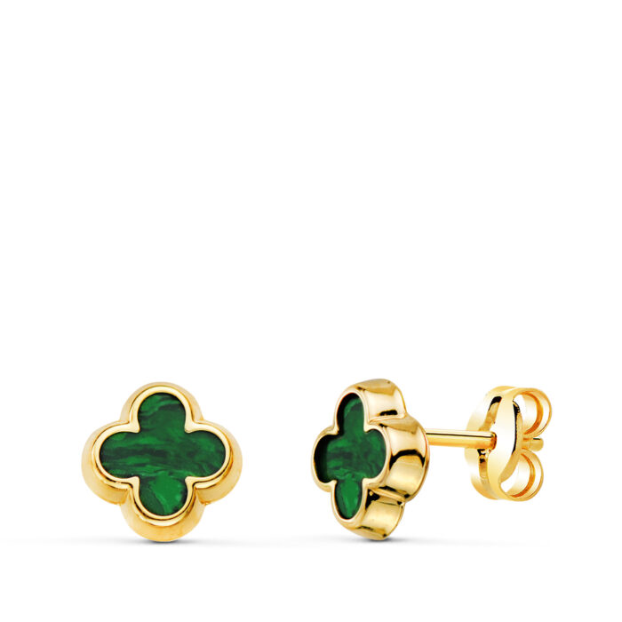 18K PENDIENTES ORO AMARILLO TREBOL CON MALAQUITA 7X7 MM. CIERRE PRESION