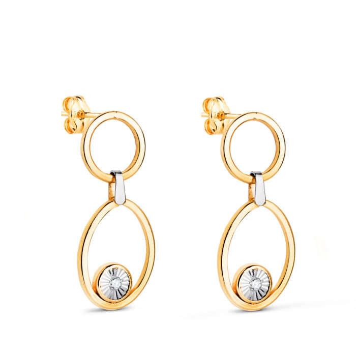 18K PENDIENTES ORO BICOLOR LARGOS DOS AROS CON CIRCONITAS. MEDIDA: 23 X 10 MM. CIERRE PRESION