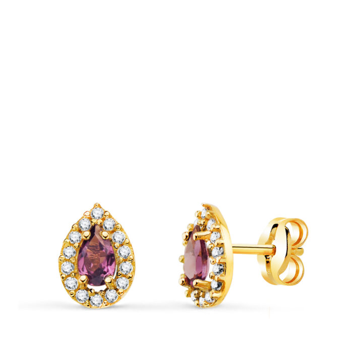 18K PENDIENTES ORO AMARILLO PIEDRA GOTA AMATISTA Y CIRCONITAS. 8,5 X 6 MM. CIERRE PRESION