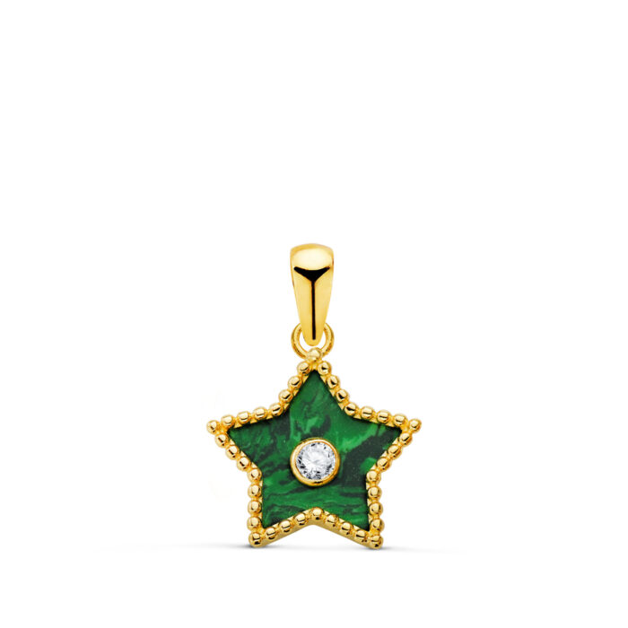 18K COLGANTE ORO AMARILLO ESTRELLA CERCO BOLITAS Y MALAQUITA CON CIRCONITA 12X11 MM.