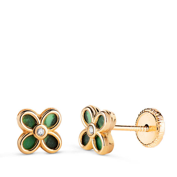 18K PENDIENTES ORO AMARILLO TREBOL MALAQUITA CON CIRCONITA. MEDIDA: 7 X 5,5MM. CIERRE TUERCA