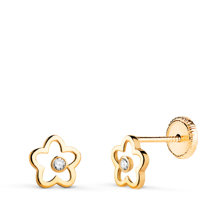 18K PENDIENTES ORO AMARILLO FLOR CALADA CON CIRCONITAS. MEDIDA: 6 X 6 MM. CIERRE TUERCA