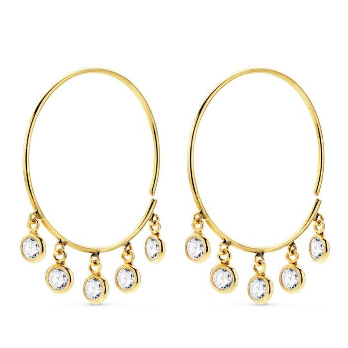 18K AROS ORO AMARILLO HILO DE 20 MM CON 5 COLGANTES CIRCONITA BLANCAS