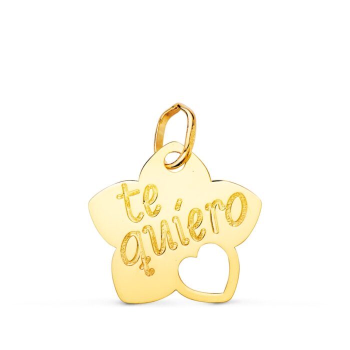 18K COLGANTE ORO AMARILLO TE QUIERO FLOR CON CORAZON CALADO 15X14 MM